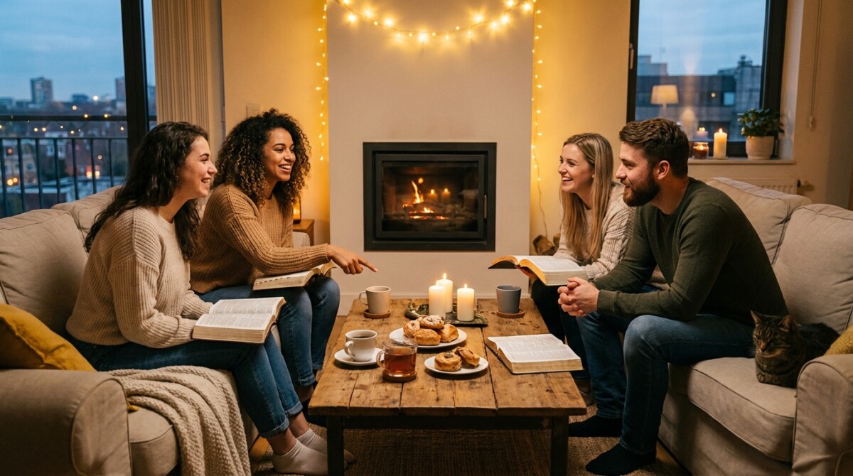 Freunde sitzen vor dem Kamin und lesen in der Bibel Eine Gruppe von Freunden sitzt gemütlich auf Sofas vor einem laufenden Kaminofen. Sie lesen in der Bibel und genießen die Atmosphäre.