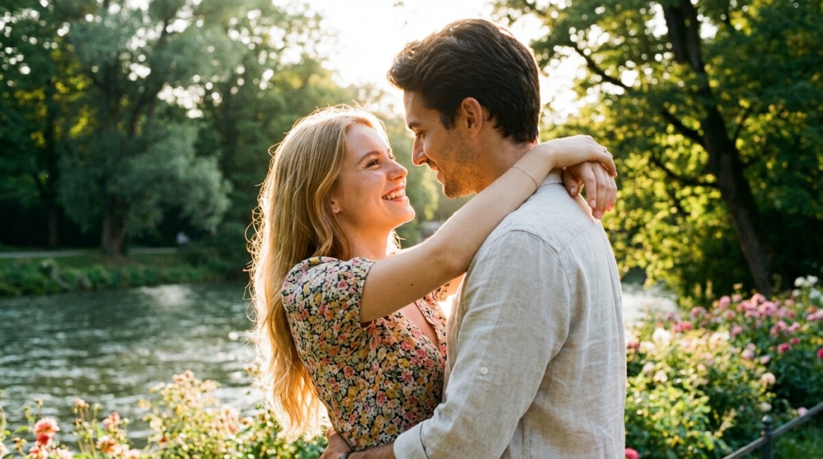 Glückliches Paar im Park Ein Mann und eine Frau umarmen sich im Park. Die beiden haben sich auf unserer christlichen Singlebörse kostenlos kennen und lieben gelernt