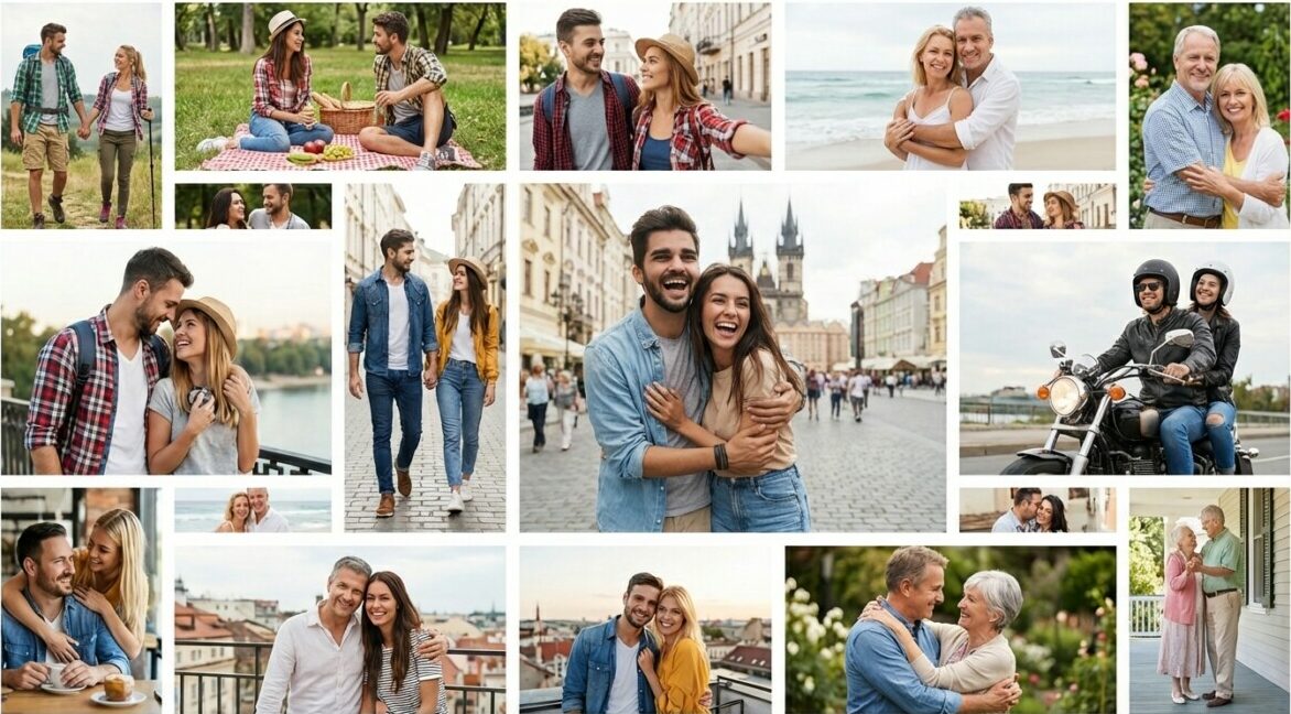 Liebespaare in verschiedenen Situationen Eine Collage von Paaren, die sich lieben und zusammen sind. Sie zeigen glückliche Momente im Alltag.